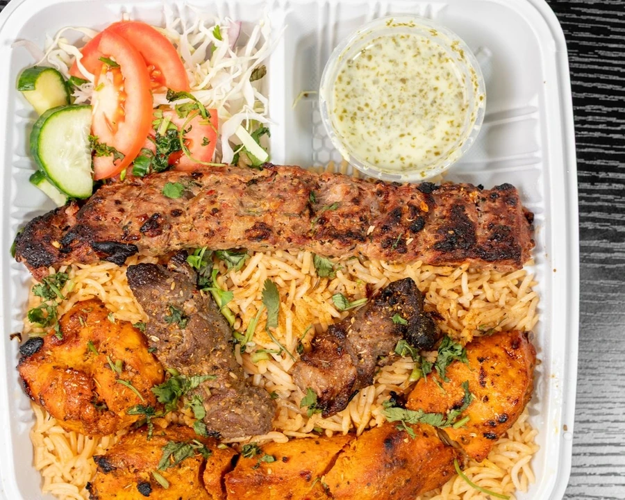 Combo platter with chicken tikka, ground beef and Afghani tikka skewers at Afghan Chatkhara Restaurant, Calgary NE